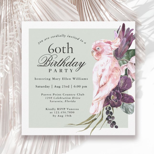 Tropical Rosa Parrot and Sage Blommigt 60 Birthday Inbjudningar (Available in both printed and instant download digital formats.)