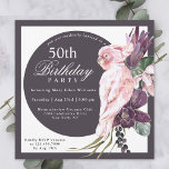 Tropical Rosa Parrot Blommigt 60:e födelsedagen<br><div class="desc">Planera ett fantastiskt 50-årsfirande (eller någon annan ålder) med ett snyggt boho-inspirerat tropiskt tema som är så feminin! Denna unika kvadratiska inbjudan har en exotisk rosa parrot sitta atop en bukett av lush tropiska blommor som innehåller lila protea och orkidéer med efterföljande viner och grönenergi. Ett cirkulärt ram i mörk...</div>