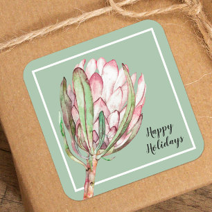 Tropical Rosa Protea Blommigt on Mint Fyrkantigt Klistermärke