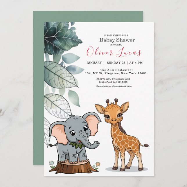 Tropical Safari Animals Baby Shower-inbjudan Inbjudningar (Fram/baksida)