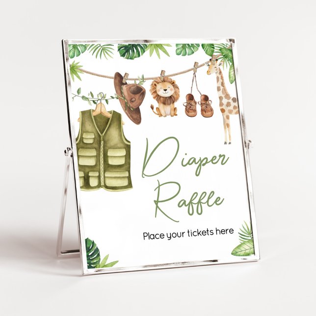 Tropical Safari Jungle Animals Diaper Raffle Poster (Tropical Safari Jungle Animals Clothesline Baby Shower Diaper Raffle Sign)