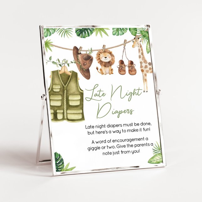 Tropical Safari Jungle Animals Late Night Diaper Poster (Tropical Safari Jungle Animals Clothesline Baby Shower Late Night Diapers Sign)