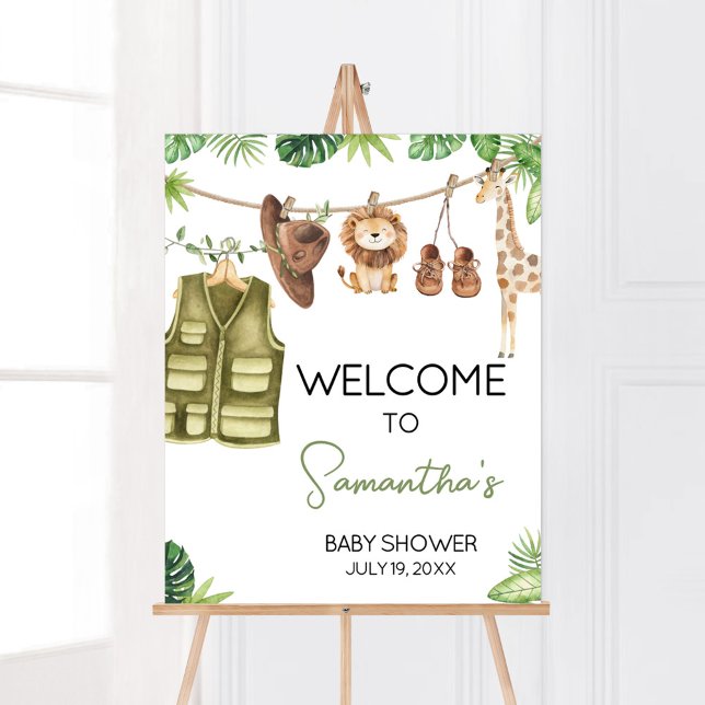 Tropical Safari Jungle Animals Välkomstecken Poster (Tropical Safari Jungle Animals Clothesline Baby Shower Welcome Sign)
