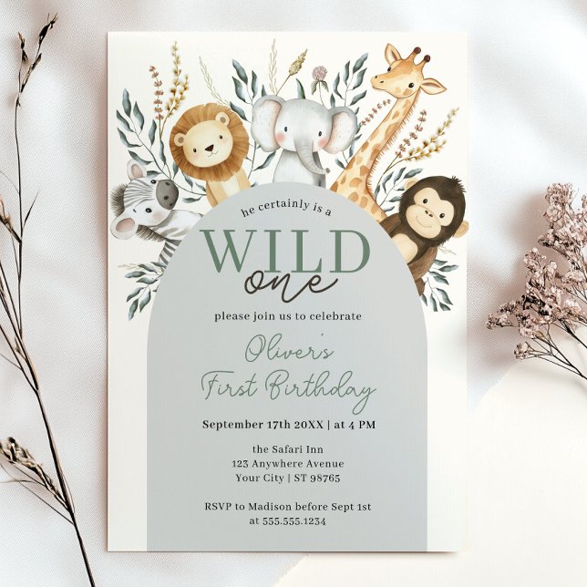 Tropical Safari Vild ett ungle Animals Birthday Inbjudningar (Tropical Safari Wild One Jungle Animals Birthday Invitation)