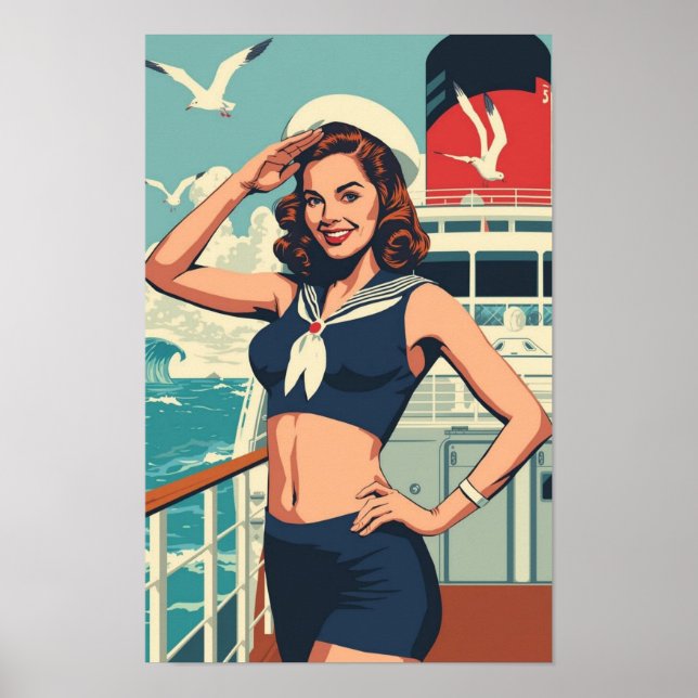 Tropical Sailor Pin-Up Girl – Retro 1950s Cruise  Poster (Framsidan)