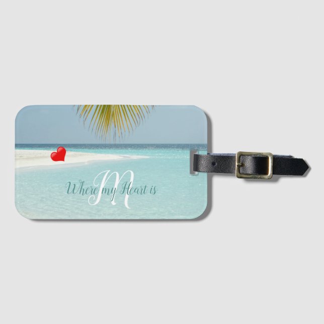 Tropical Sandy Beach Aqua Monogram Heart Handflata Bagagebricka (Framsida horisontal)