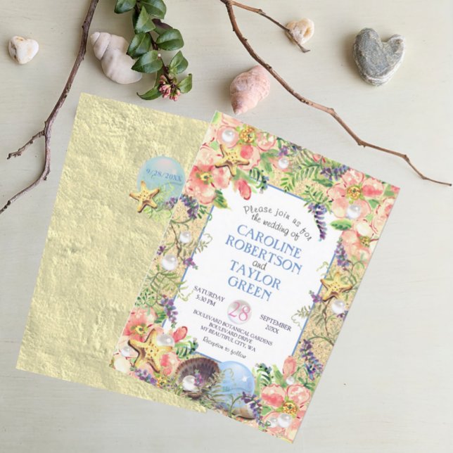 Tropical Sandy Beach Ro Seashell Pearl Bröllop Inbjudningar (Skapare uppladdad)