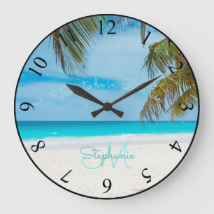 Tropical Sandy Beach Turquise Monogram Handflatan  Stor Klocka
