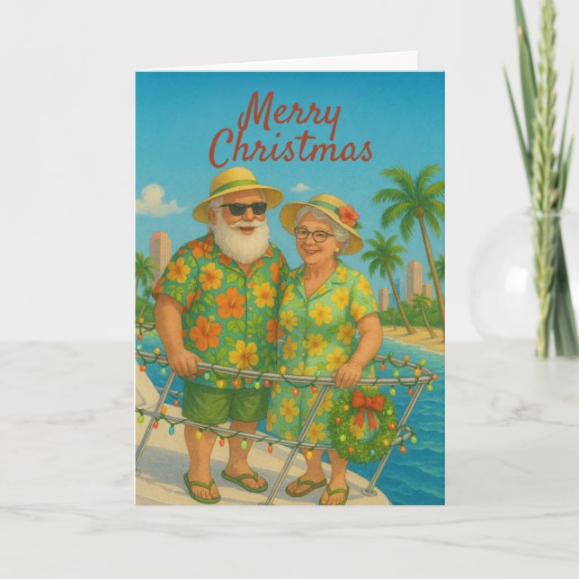 Tropical Santa & Mrs. Claus Christmas Cars Helgkort (Framsida)