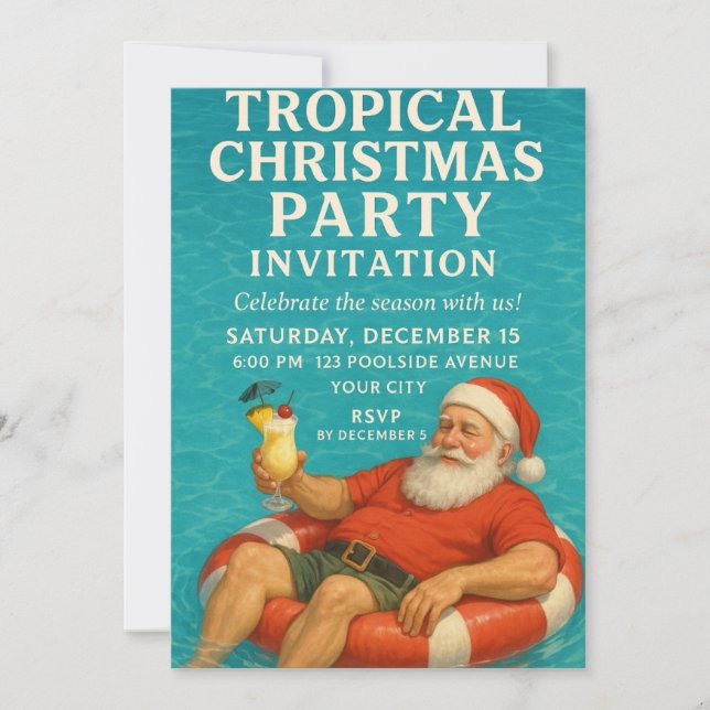 Tropical Santa Pool Christmas Party Invite Inbjudningar (Framsida)