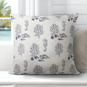 Tropical Sea Horse Coral Snäcka Navy Blue White Kudde