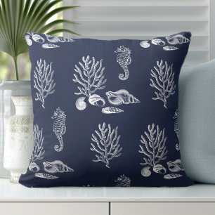 Tropical Sea Horse Snäcka Navy Blue White Kudde