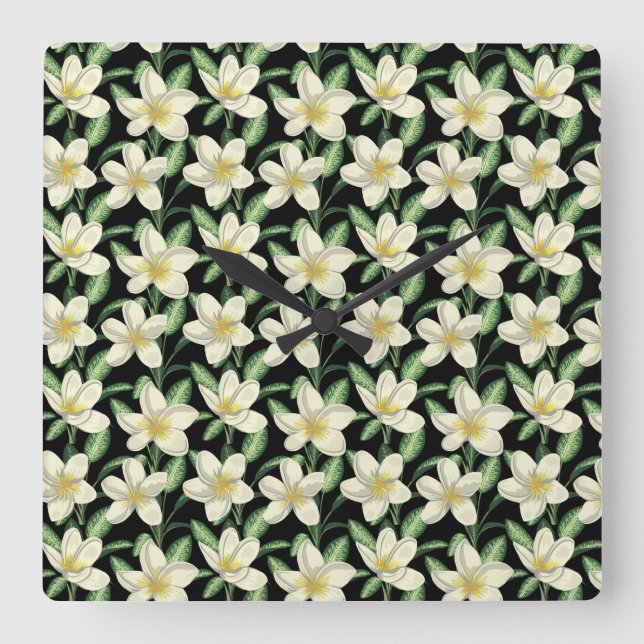 Tropical seamless pattern white flowers green leaf fyrkantig klocka (Framsida)