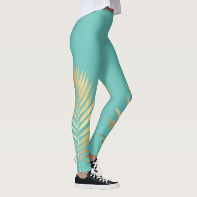 Tropical Shimmer Guld Handflatan Lövs Soft Aqua Bl Leggings (Höger)