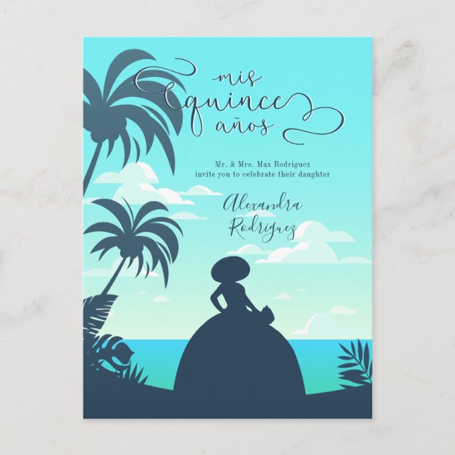 Tropical Silhouette Quinceanera Inbjudan Vykort (Framsida)