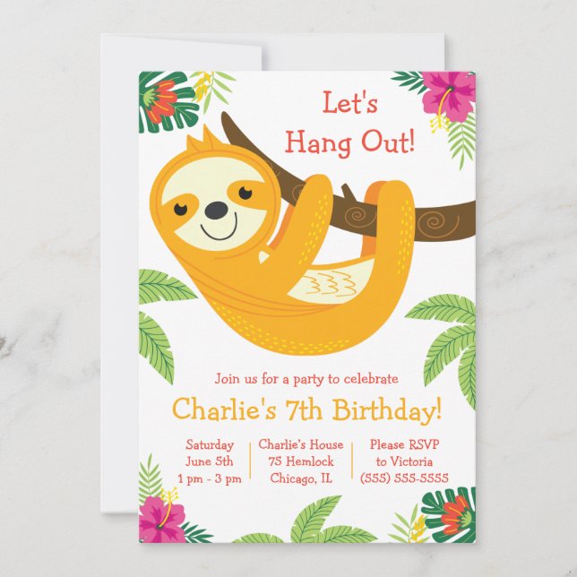 Tropical Sloth Födelsedagsfest Inbjudningar (Framsida)