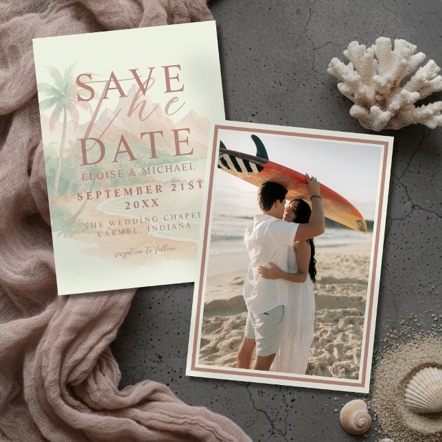 Tropical Solnedgång Ö Island Strand Foto Bröllop Spara Datumet (Tropical Sunset Island Beach Photo Wedding Save The Date)
