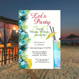 Tropical sommarblå cocktail 50-årsfest inbjudningar