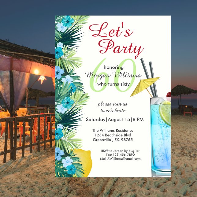 Tropical sommarblå cocktail 60-årsfest  inbjudningar (Skapare uppladdad)