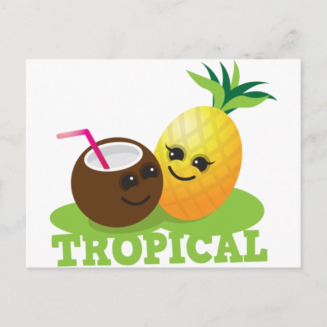 TROPICAL Söt Kawaii Coconut och ananas Vykort (Framsida)