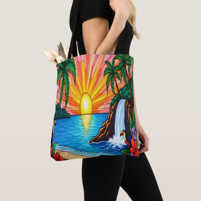 Tropical Stained Glass Sunset Tote Bag  Tygkasse (Närbild)