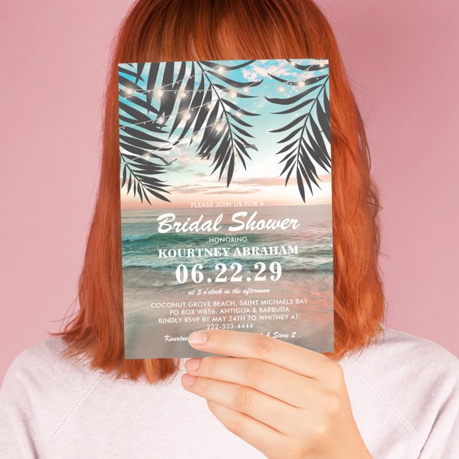 Tropical Strand Bröllopsfest | Sträng av Ljuskedjo Inbjudningar (Skapare uppladdad)