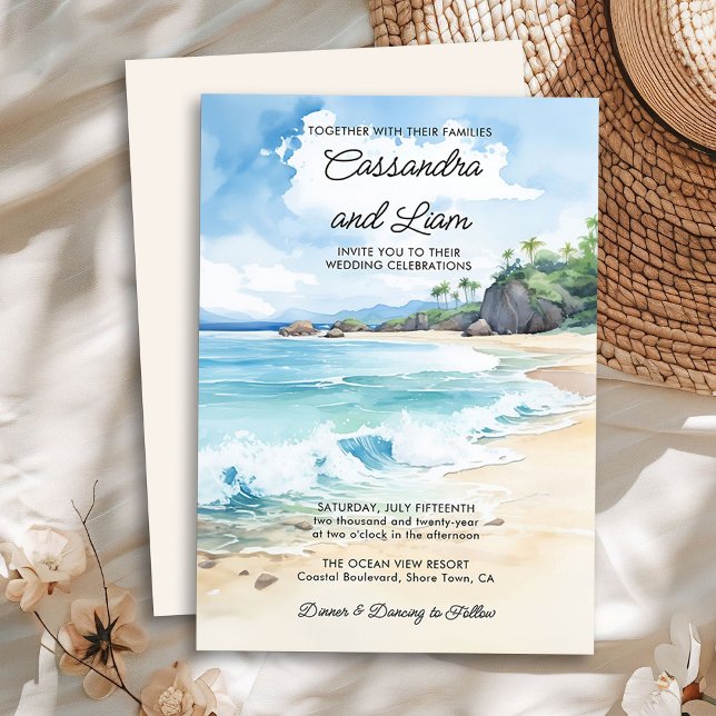 Tropical Summer Beach Wedding i vattenfärg Inbjudningar (Watercolor Wedding Invitation from the Summer Beach Wedding Collection by Darling & May)