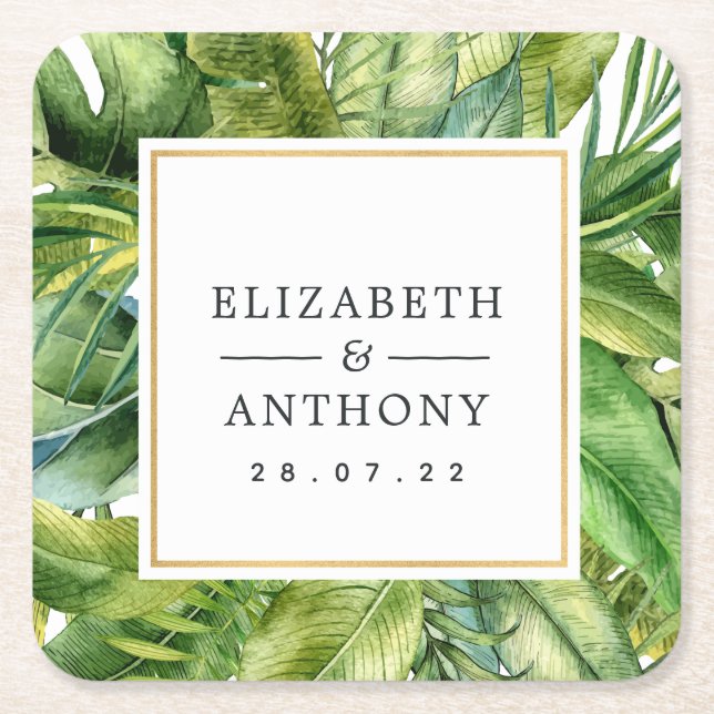 Tropical Summer Beach Wedding i vattenfärg Underlägg Papper Kvadrat (Framsidan)