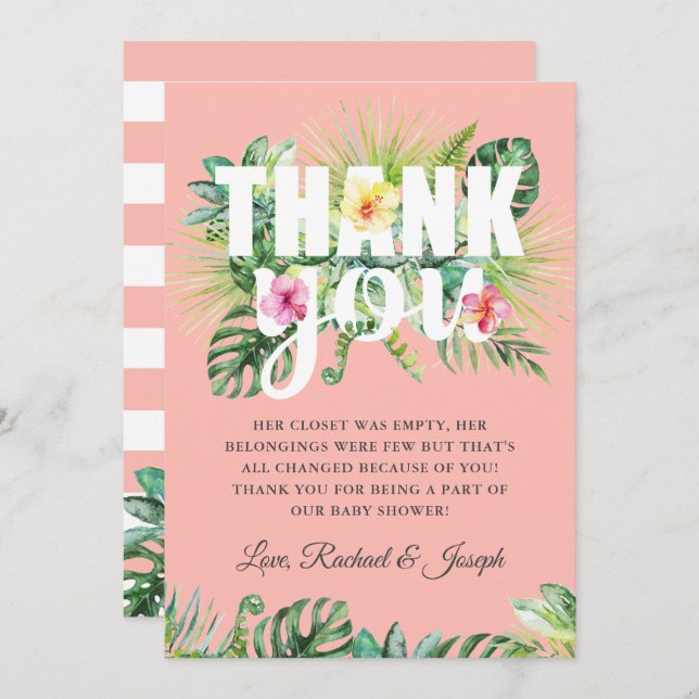 Tropical Summer Blommigt Coral Baby Shower Tack Kort (Fram/baksida)