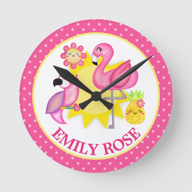 Tropical Summer Flamingo & Parrot Rund Klocka (Framsida)