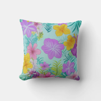 Tropical Summer Floral Pattern - Bright Hibiscus  Kudde