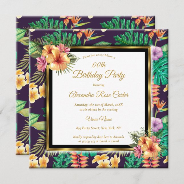 Tropical Summer Flowers Guld Photo Födelsedagsfest Inbjudningar (Fram/baksida)