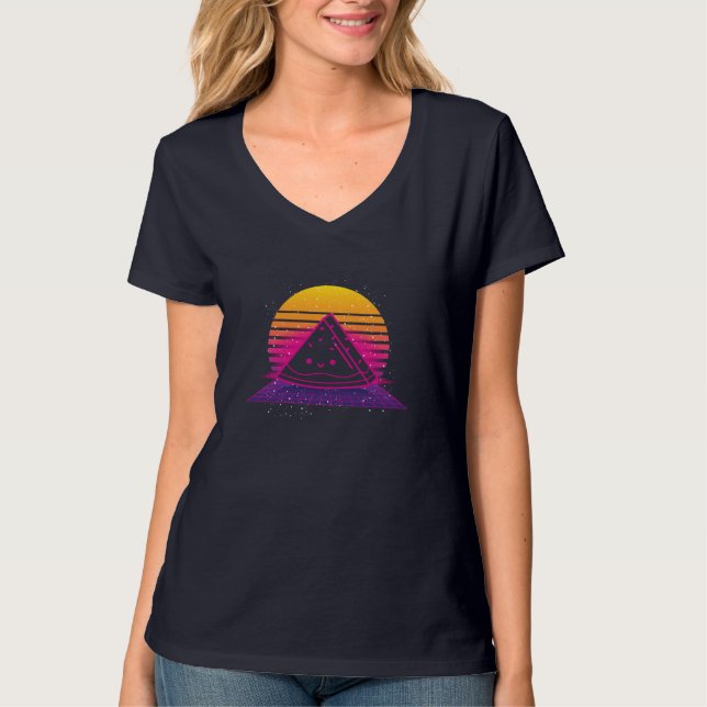 Tropical Summer Fruit 80 s Retro Synthwave Sunset  T Shirt (Framsida)