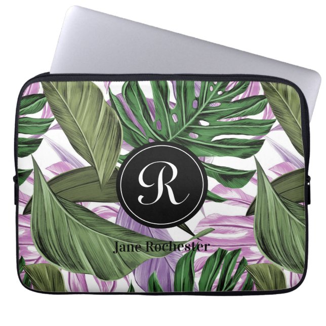 Tropical Summer Grönt Lila Lövs Monogram Laptop Fodral (Framsidan)