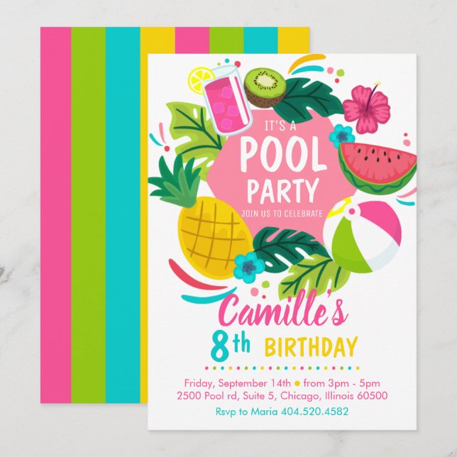 Tropical summer pool party Invitation Inbjudningar (Fram/baksida)