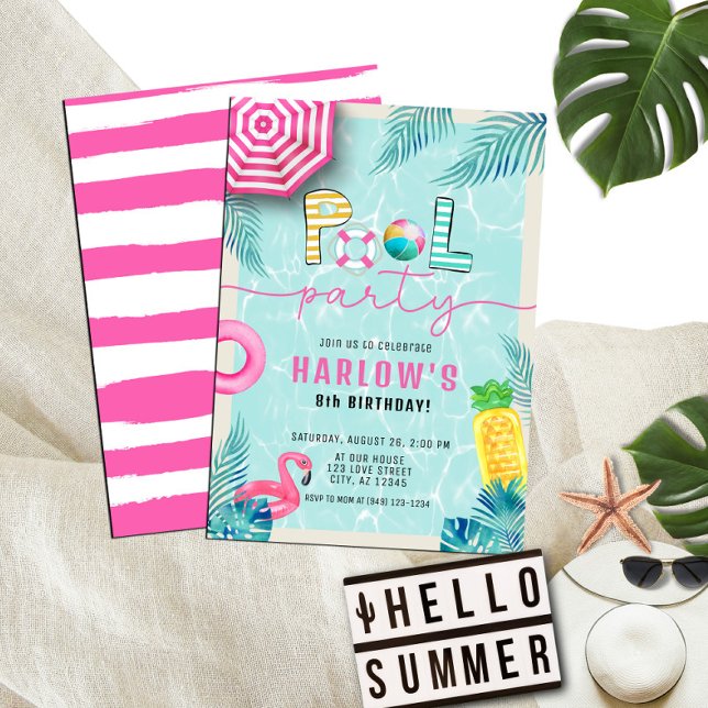 Tropical Summer Roligt Girl's Bassäng Party Birthd Inbjudningar (Skapare uppladdad)