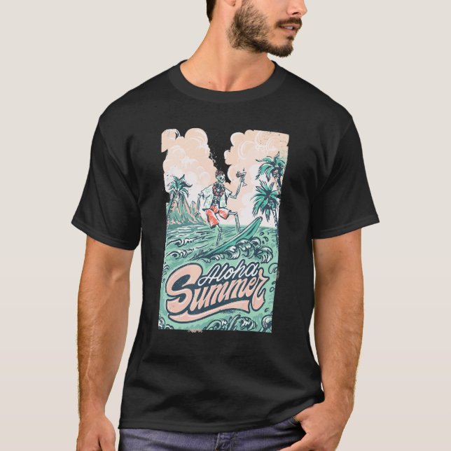 Tropical Summer Vibes Skeleton Surfer Riding Surfb T Shirt (Framsida)