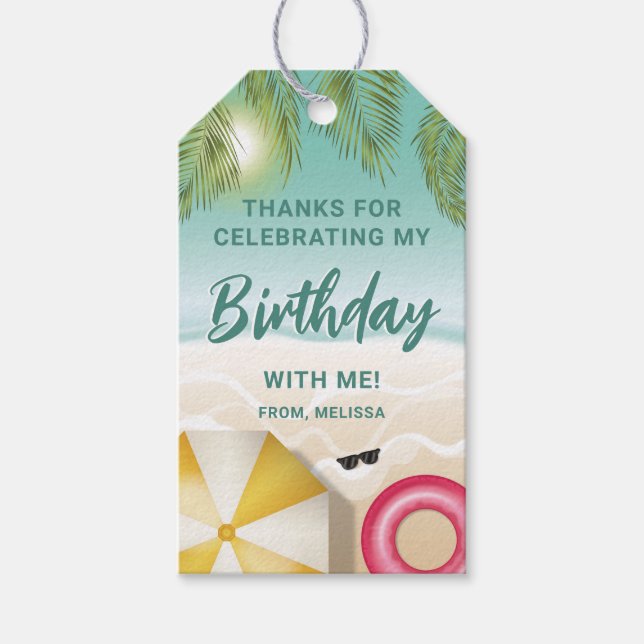 Tropical Sunny Teal Sand Beach Birthday Thank You Presentetikett (Framsidan)