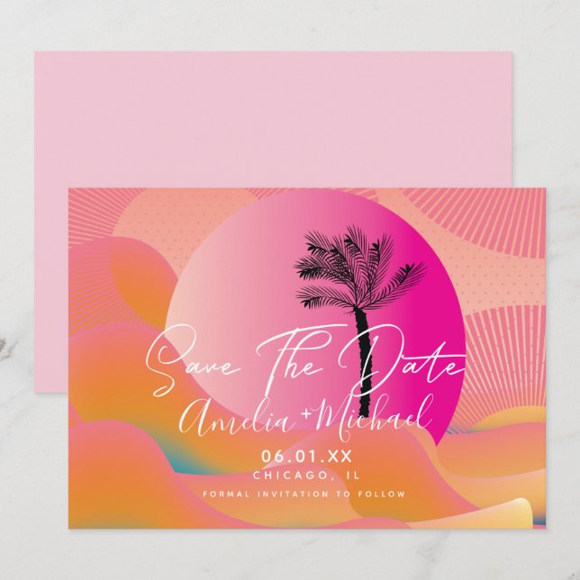 Tropical Sunrise Djärv Rosa Orange Save the Date Inbjudningar (Fram/baksida)