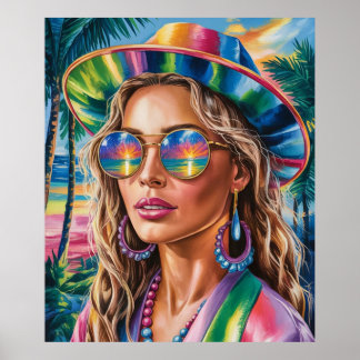 Tropical Sunset Babe Poster - Vibrant Retro Beach