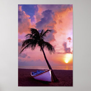 Tropical Sunset Beach Boat Handflatan Poster