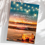 Tropical Sunset Beach Födelsedagsfest Inbjudningar<br><div class="desc">Sommarstranden födelsedagsfest inbjudan som har en solnedgången tropisk strandöbakgrund, en mynning burk med mousserande ljus, ljus med snörvning och en firningstext. Klicka på knappen "Anpassa" för att ytterligare anpassa mallen. Du kan ändra all text, inklusive stil, färg och storlekar. Du hittar matchande objekt längre ned på sidan, men om du...</div>
