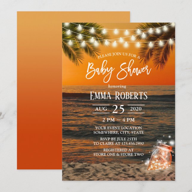 Tropical Sunset Beach Glow Mason Burk Baby Shower Inbjudningar (Fram/baksida)