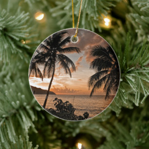 Tropical Sunset Beach Handflatan Träd Julgransprydnad Keramik