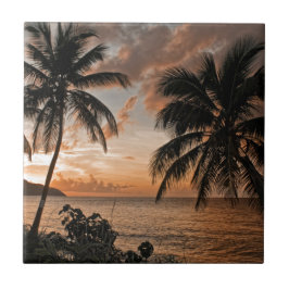 Tropical Sunset Beach Handflatan Träd Kakelplatta