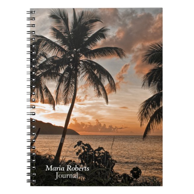 Tropical Sunset Beach Handflatan Träd personalize Anteckningsbok (Framsidan)