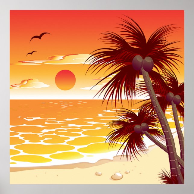 Tropical Sunset Beach Palm Tree Island Poster (Framsidan)