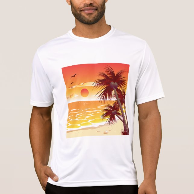 Tropical Sunset Beach Palm Tree Island T Shirt (Framsida)