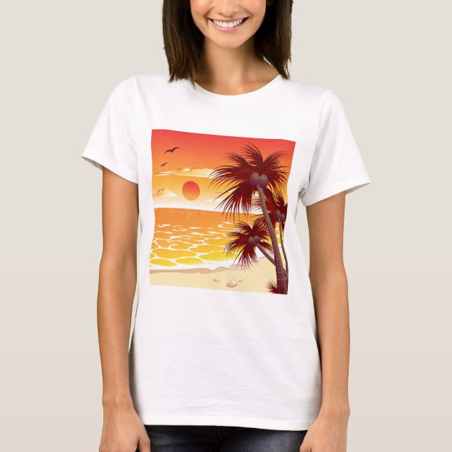 Tropical Sunset Beach Palm Tree Island T Shirt (Framsida)