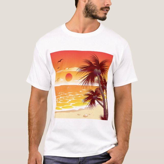 Tropical Sunset Beach Palm Tree Island T Shirt (Framsida)